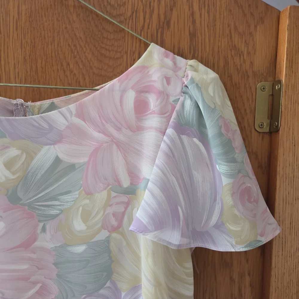 All That Jazz Vintage Floral Midi Dress Pastel Chiffon XS Wedding Guest